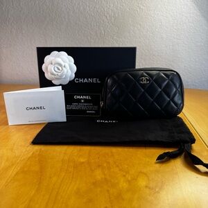 CHANEL Black Quilted Lambskin Zip Cosmetic Case with Light Gold CC Hardware